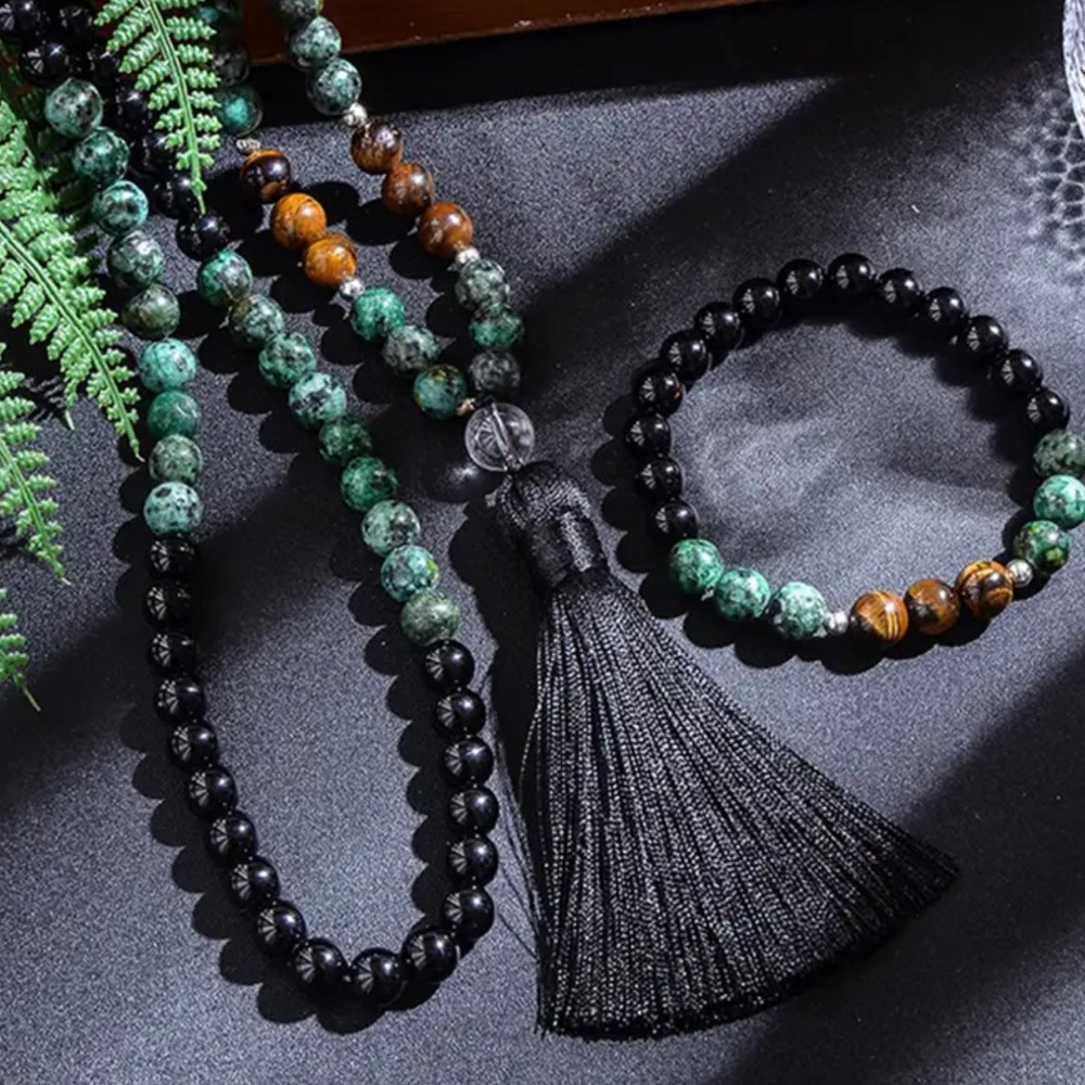 African turquoise, obsidian and tigers eye mala and bracelet set - Picture 5 of 7